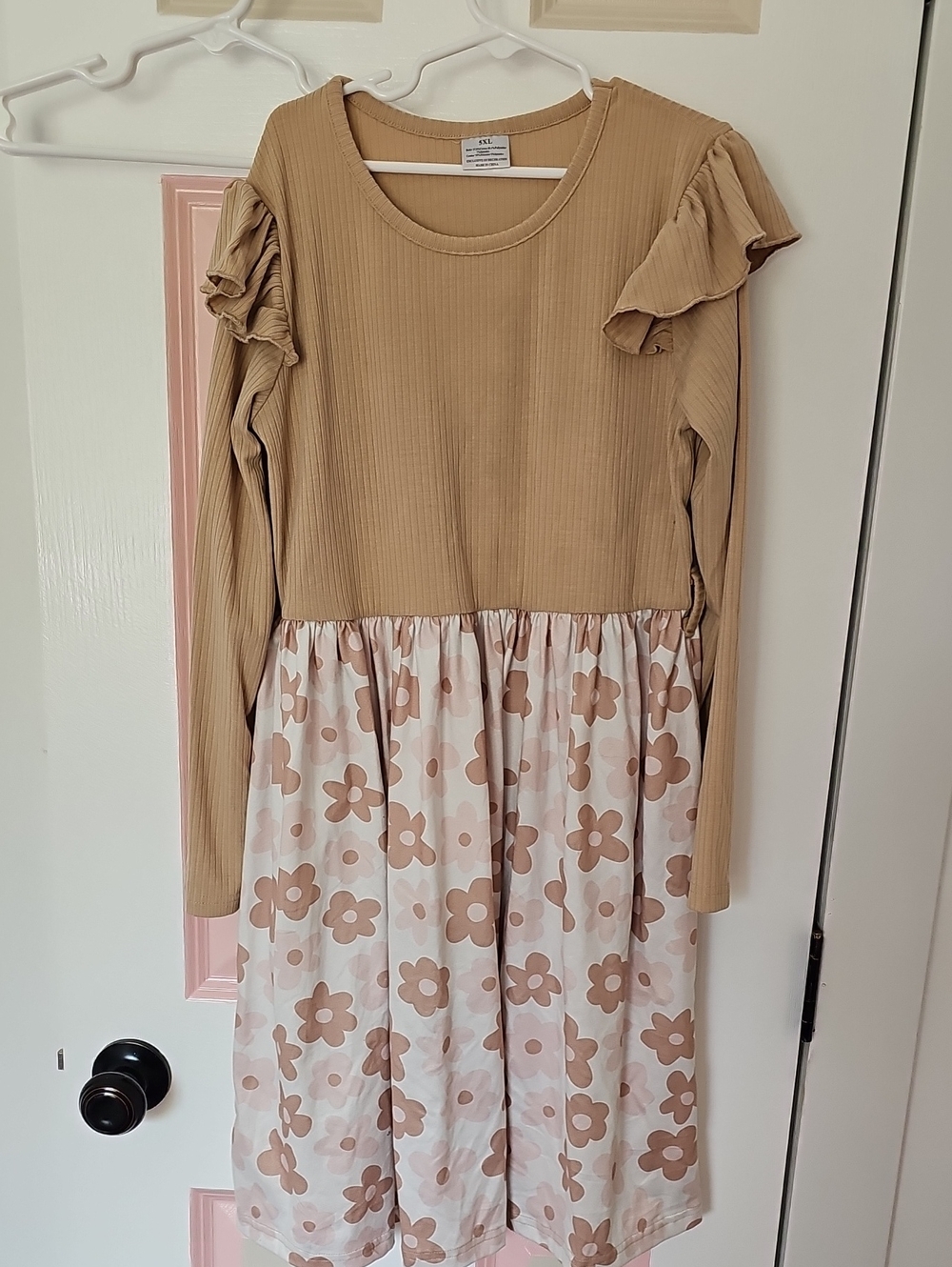 Girls Tan Ribbed Top Floral Skirt Dress - Sparkle In Pink